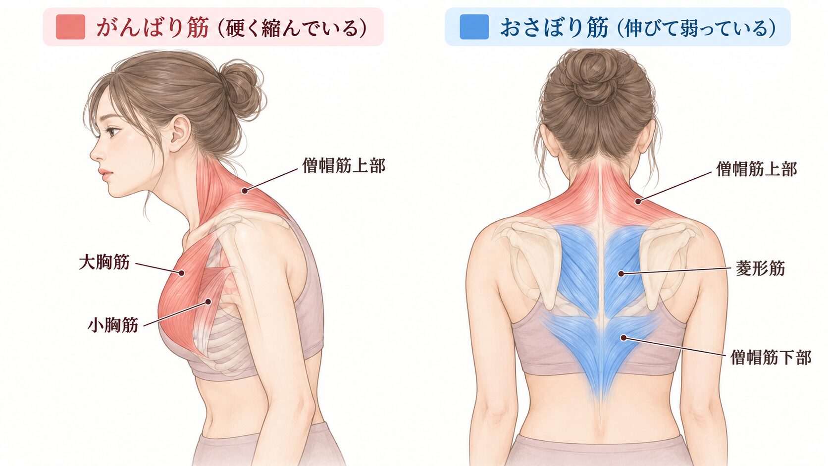 猫背のときのがんばり筋とおさぼり筋の解剖図
